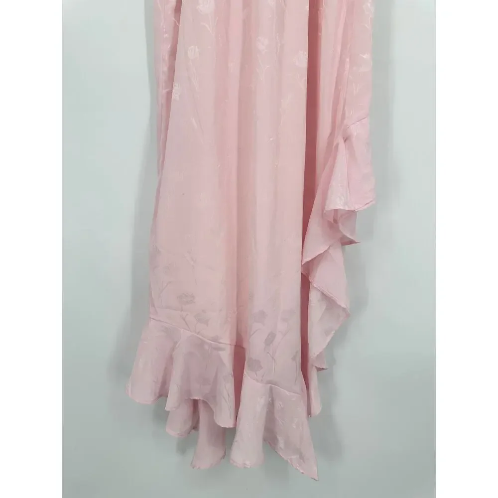 Japna Ruffle Midi Dress Satin Floral Jacquard Cottagecore Y2k Asymmetric Pink - Picture 8 of 9